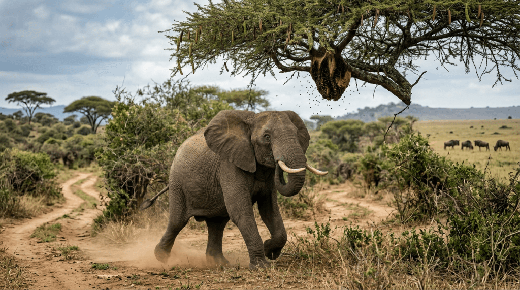 Elephant running under a tree with a large beehive and bees flying around